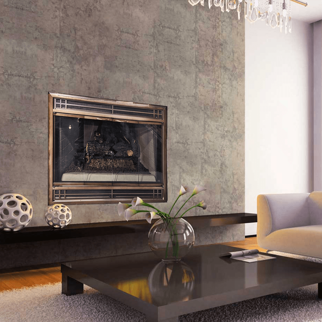 Living room with fireplace, modern furniture, and a decorative chandelier.