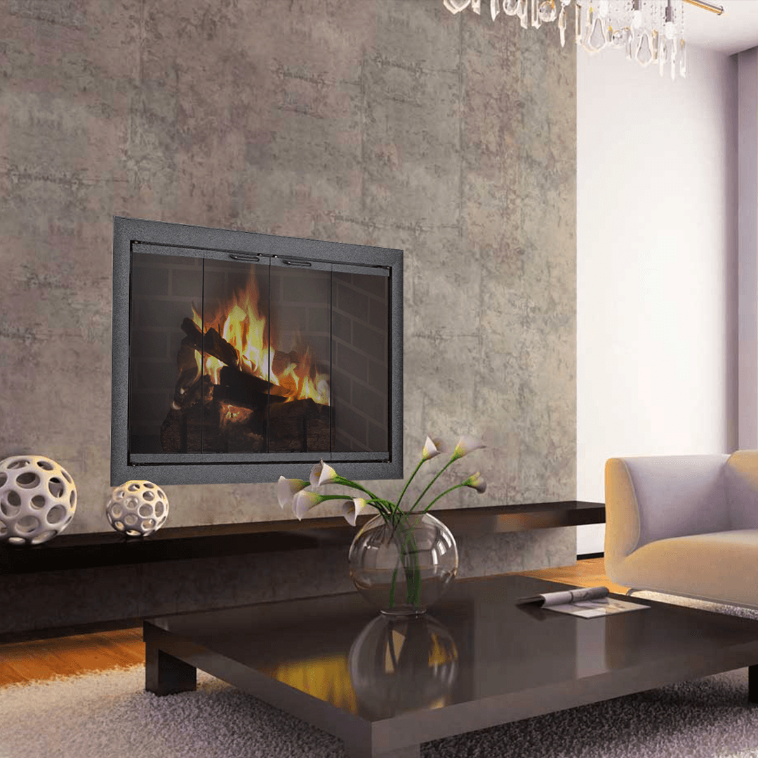 Fireplace with burning logs in a modern living room, with a floating shelf and coffee table.
