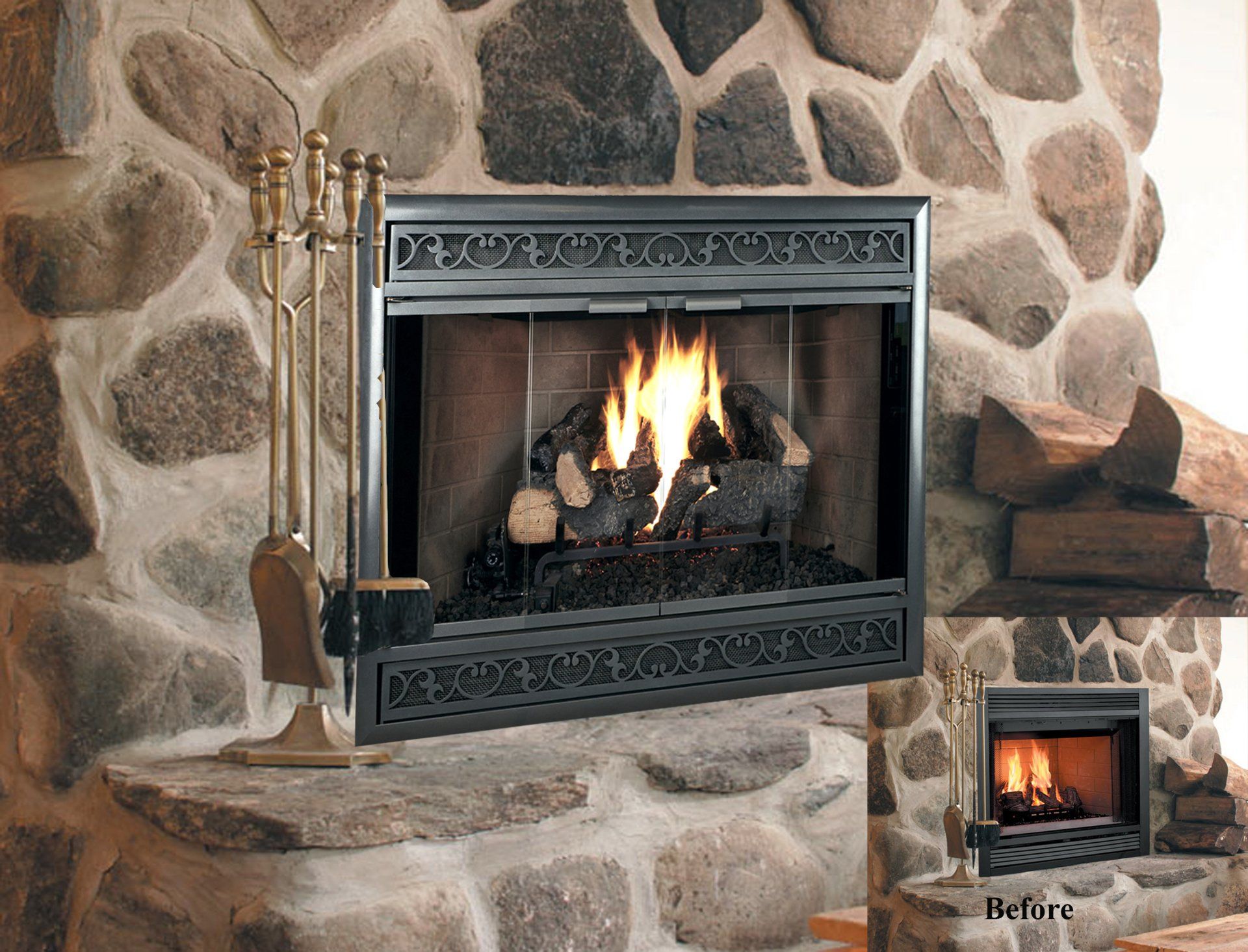 Fireplace with burning logs, set in stone wall, with decorative tools on the hearth.