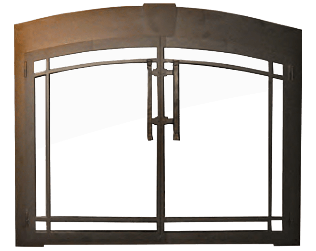 Dark metal fireplace doors with arched top, rectangular glass panes, and center handle.
