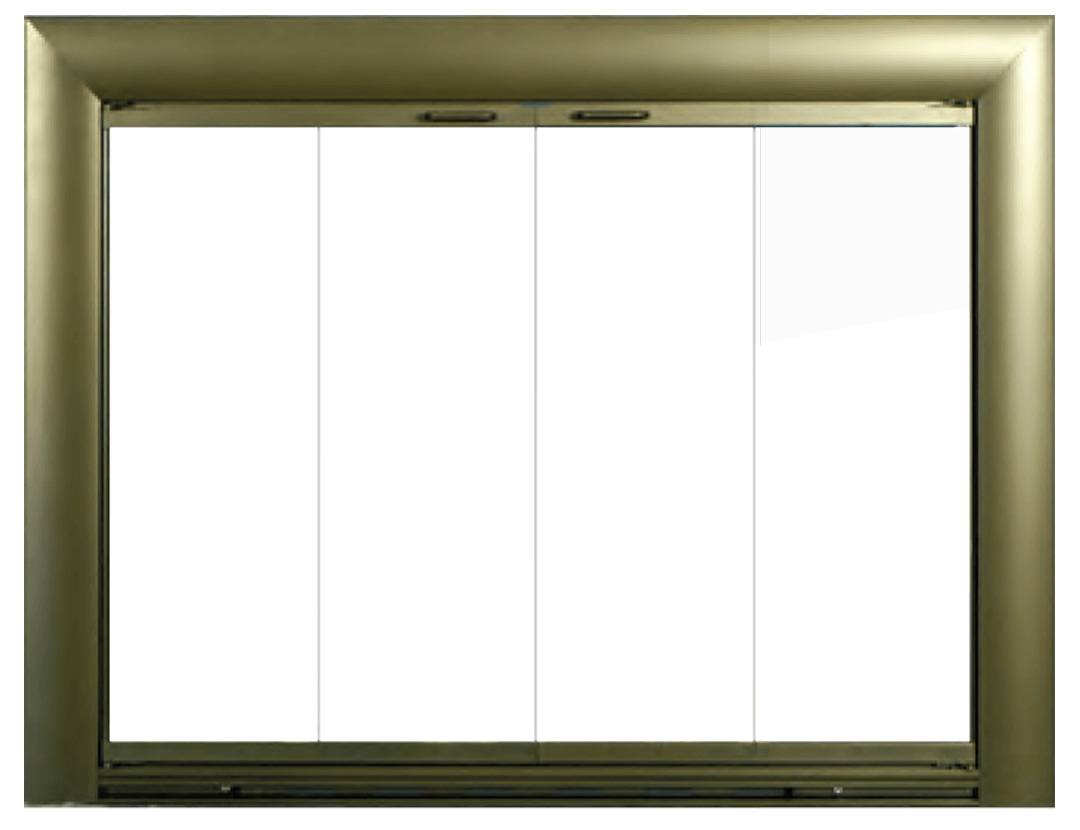 Gold framed fireplace door with four glass panels.