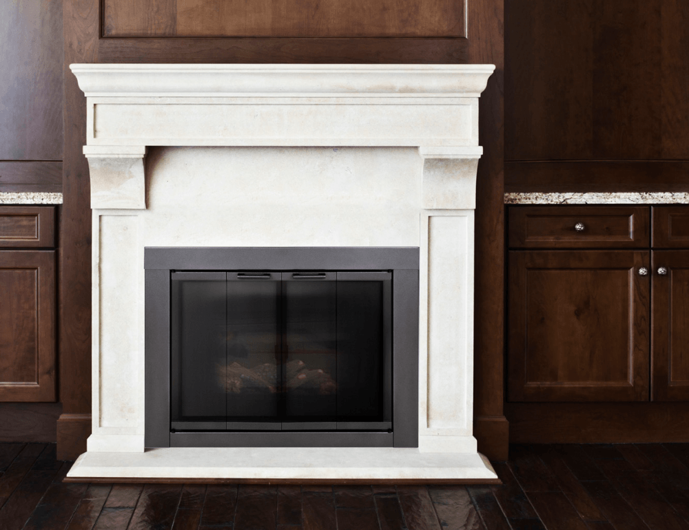 Fireplace with white surround, black firebox, and dark wood cabinetry.
