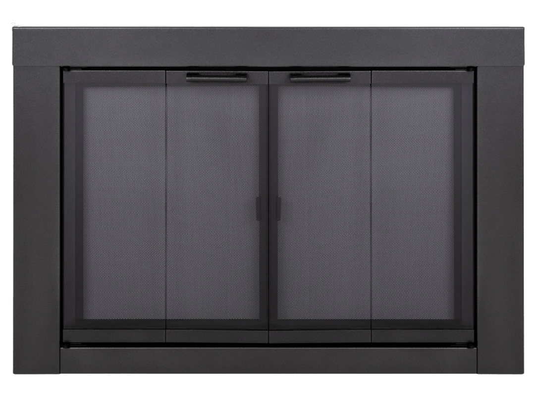 Black fireplace door with mesh screens.