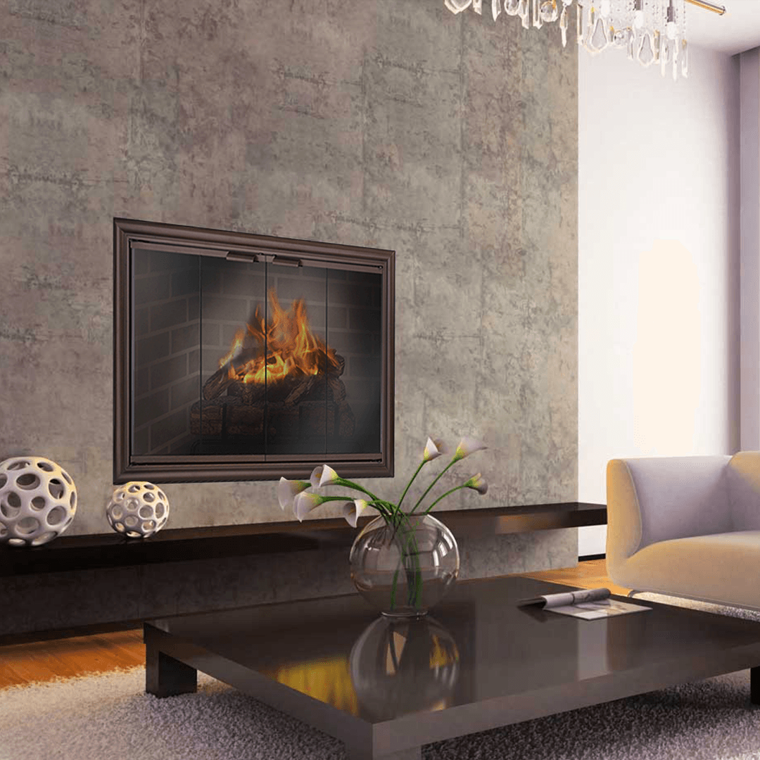 Living room with fireplace, flames behind glass doors, dark wood trim, concrete wall, modern decor.