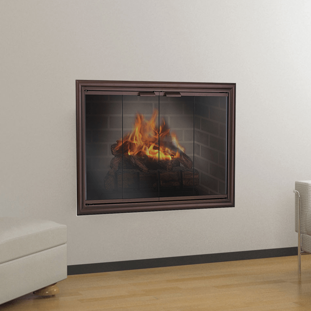 Fireplace with flames behind a glass screen in a white-walled room, brown frame, wood floor, and a white couch.