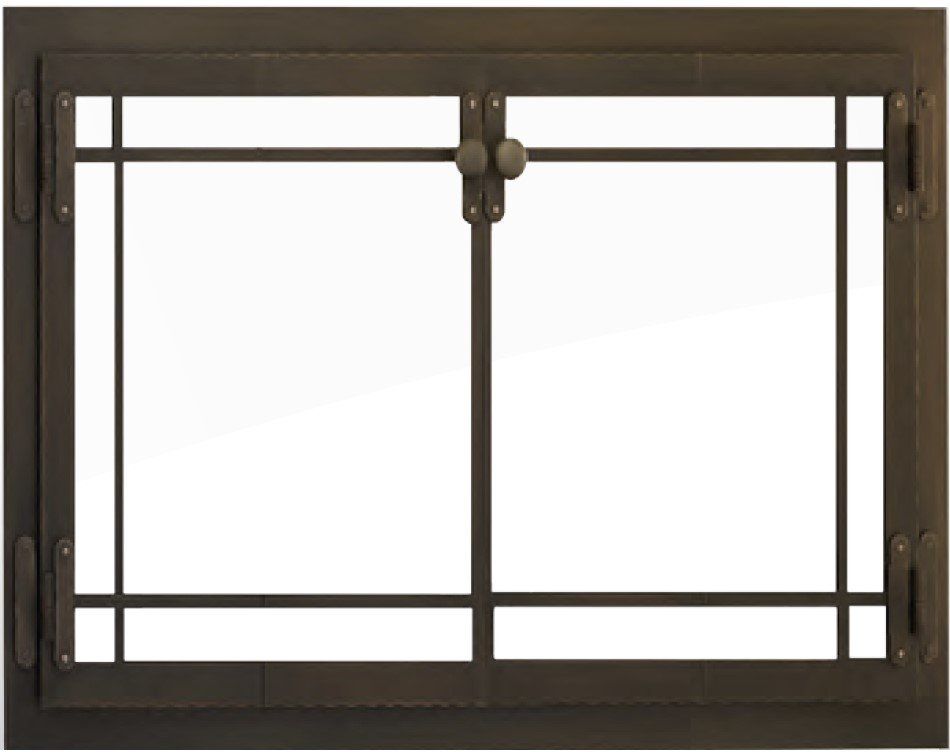 Bronze metal fireplace screen with glass panels and decorative bars.