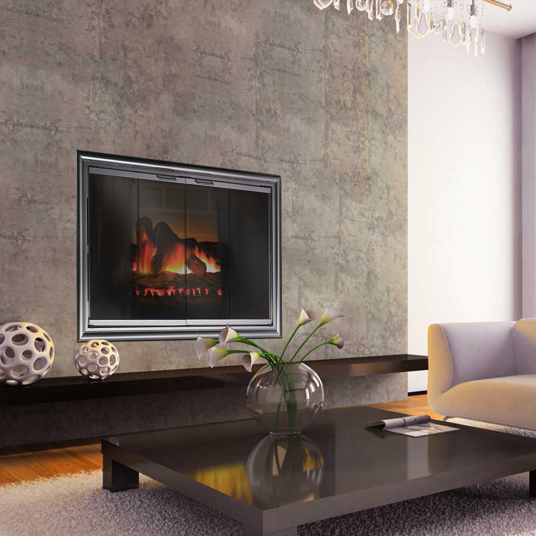 Fireplace with flames set in a textured gray wall, modern living room with coffee table and sofa.
