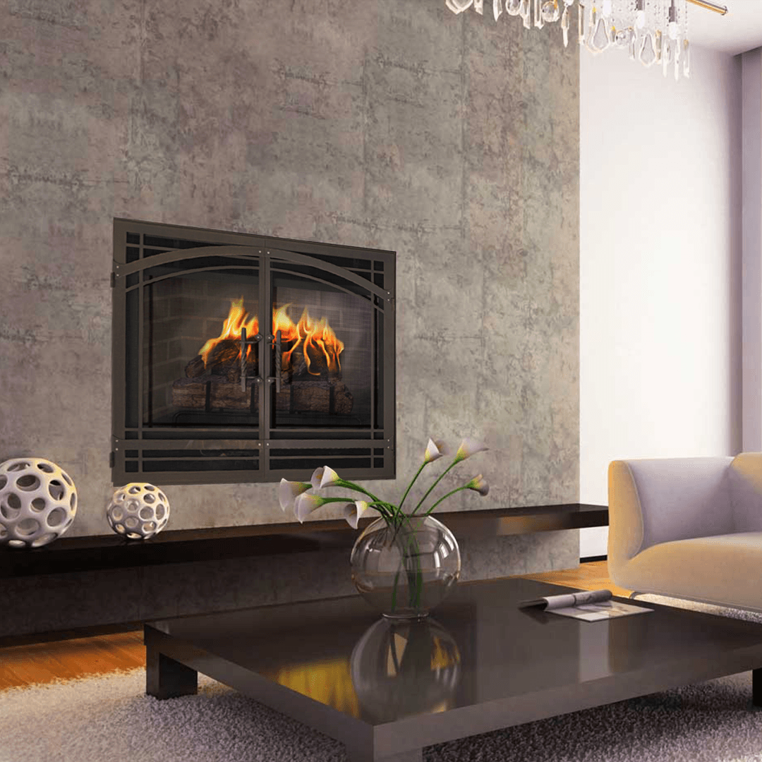 Fireplace with burning flames, set in a modern living room with a brown accent wall and furniture.