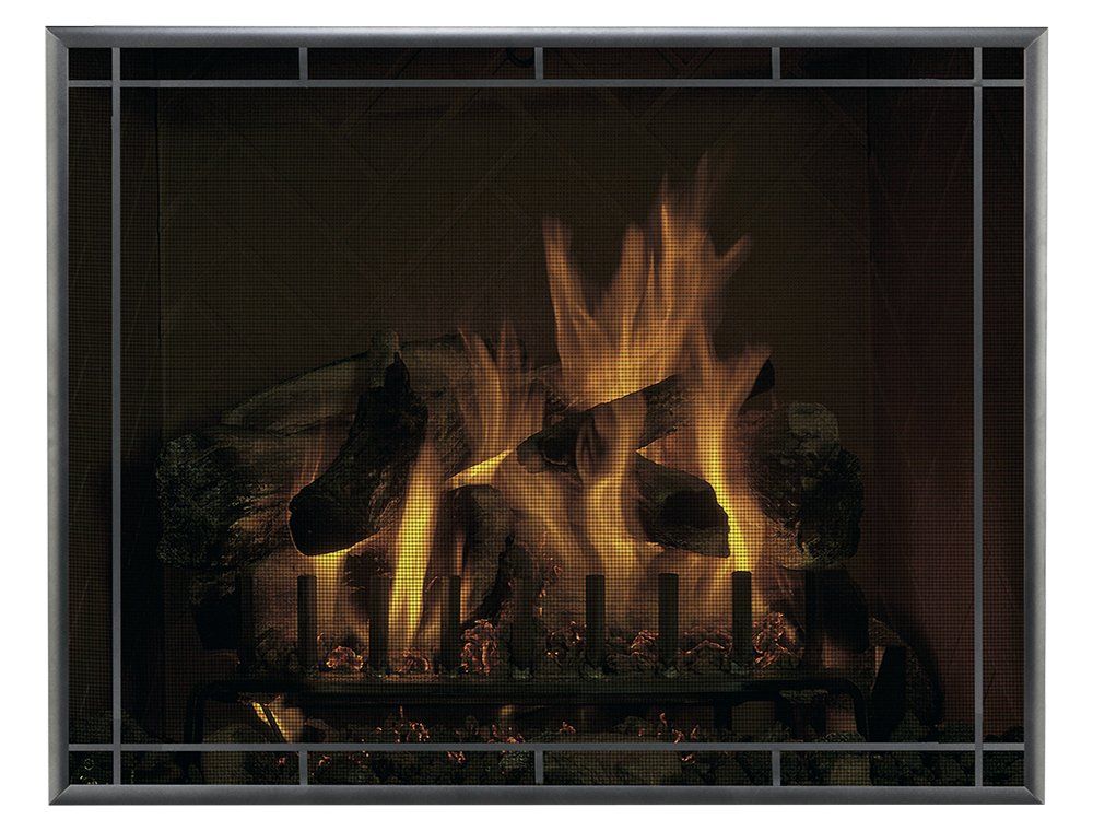 Fireplace with flames and burning logs behind a decorative screen.