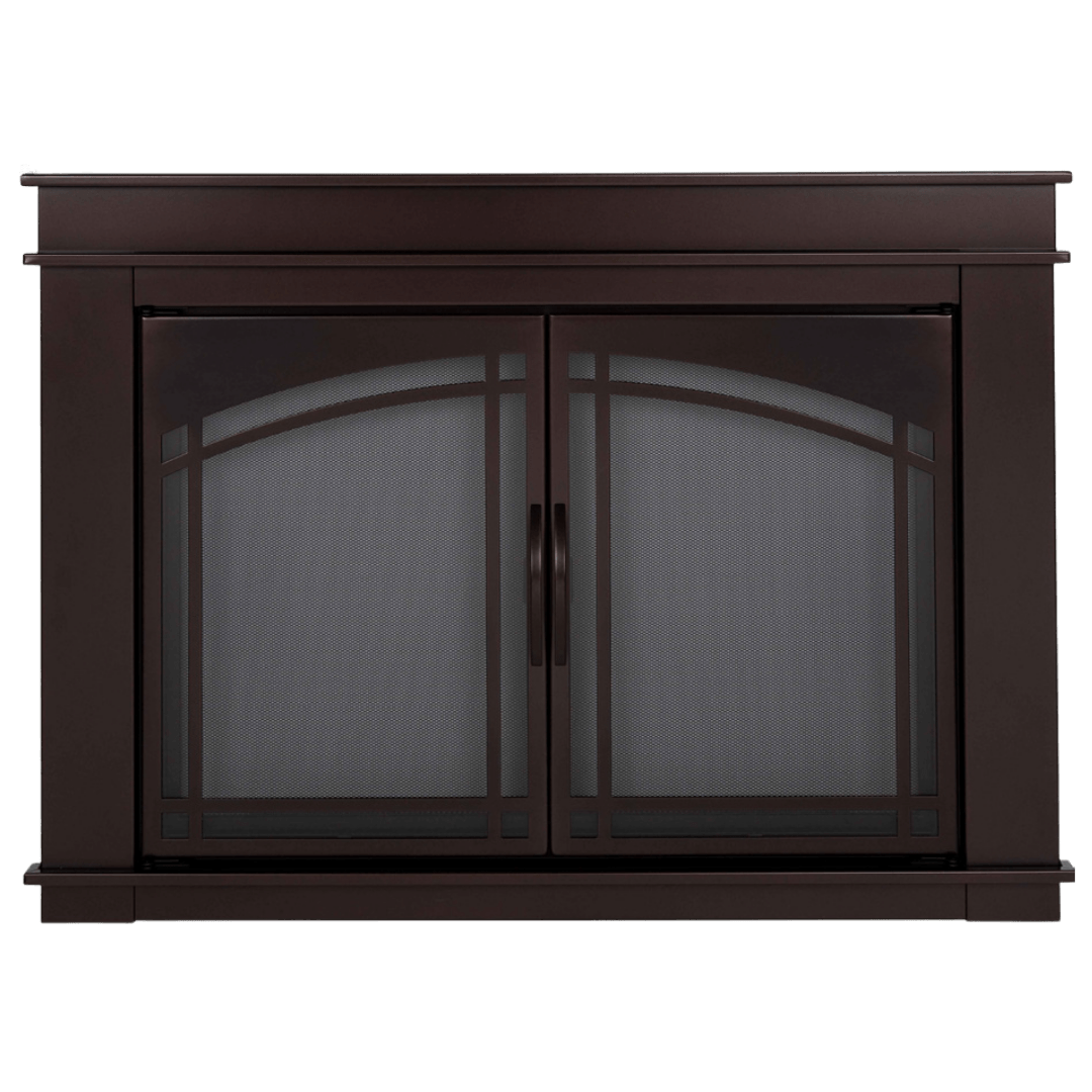 Dark brown fireplace door with arched mesh screens and a top shelf.