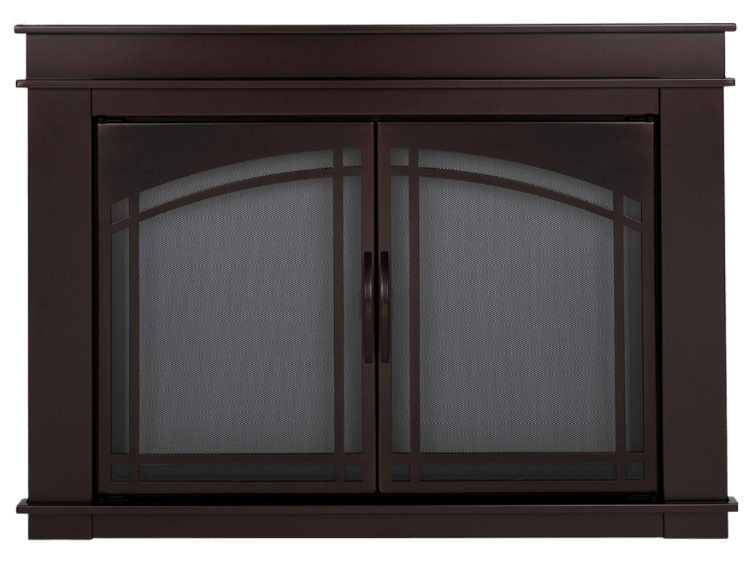 Brown fireplace doors with mesh screens and arched top.