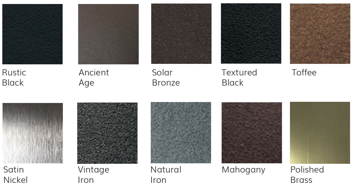 Color swatches of paint finishes, including black, bronze, nickel, iron, and brass.
