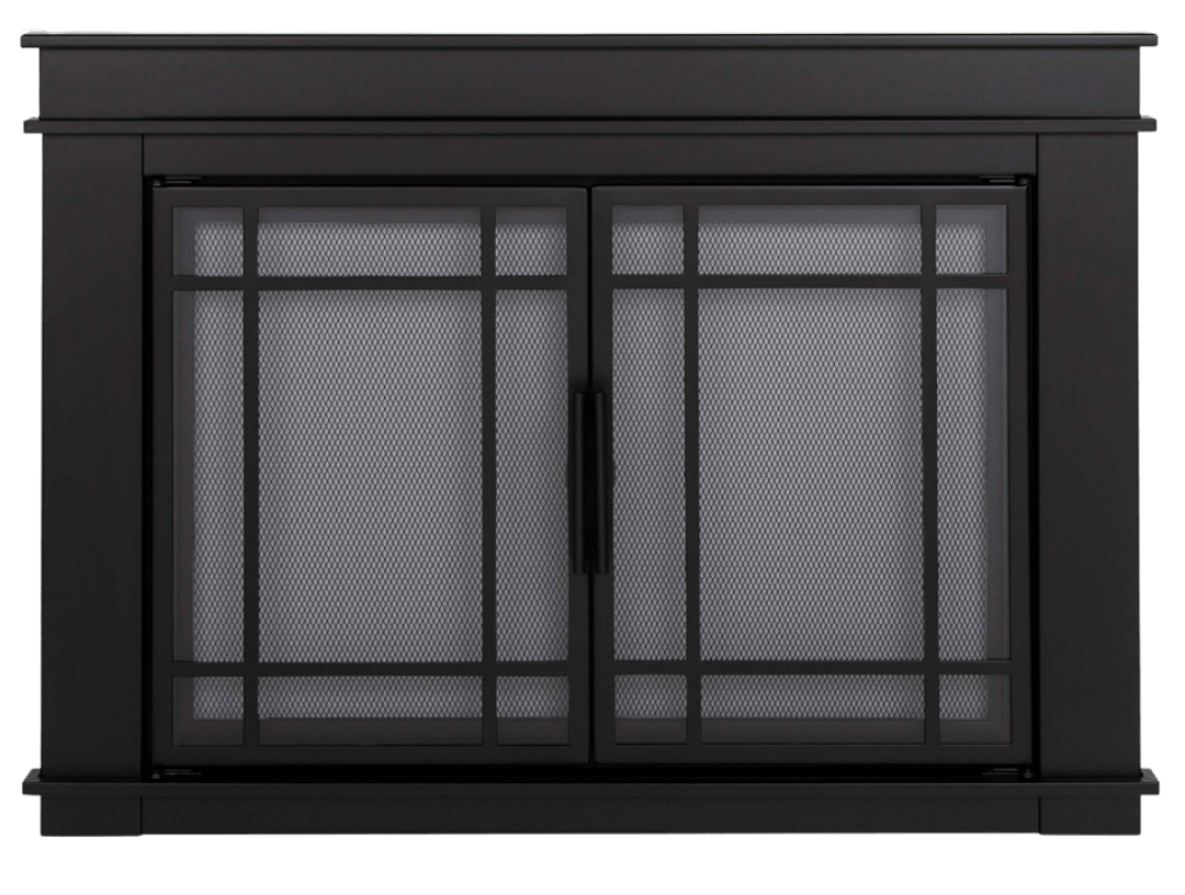 Black fireplace screen with mesh and grid design, closed.