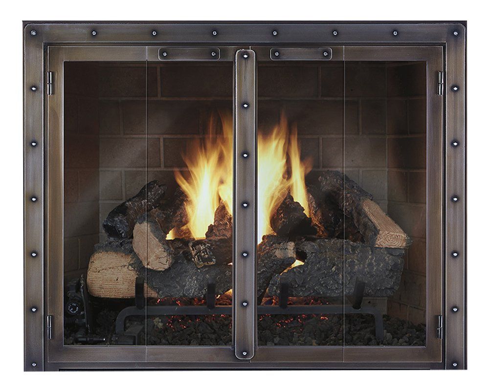 Fireplace with burning logs behind glass doors, dark metal frame.