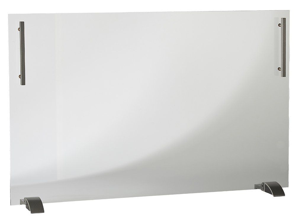 Clear acrylic sneeze guard on a white background, with black supports and handles.