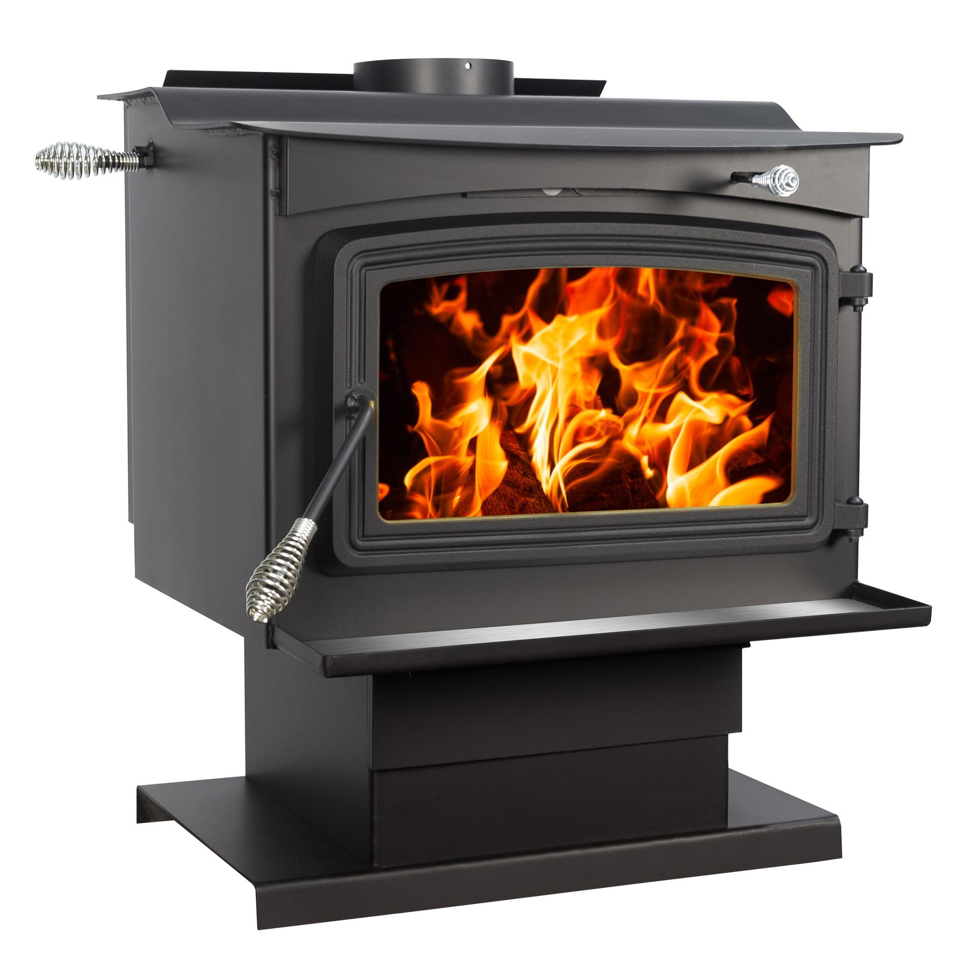 Black wood-burning stove with flames visible through the glass door.