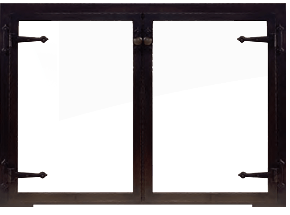 Dark framed, double-paned window with visible hinges and central handles, viewed against a bright background.