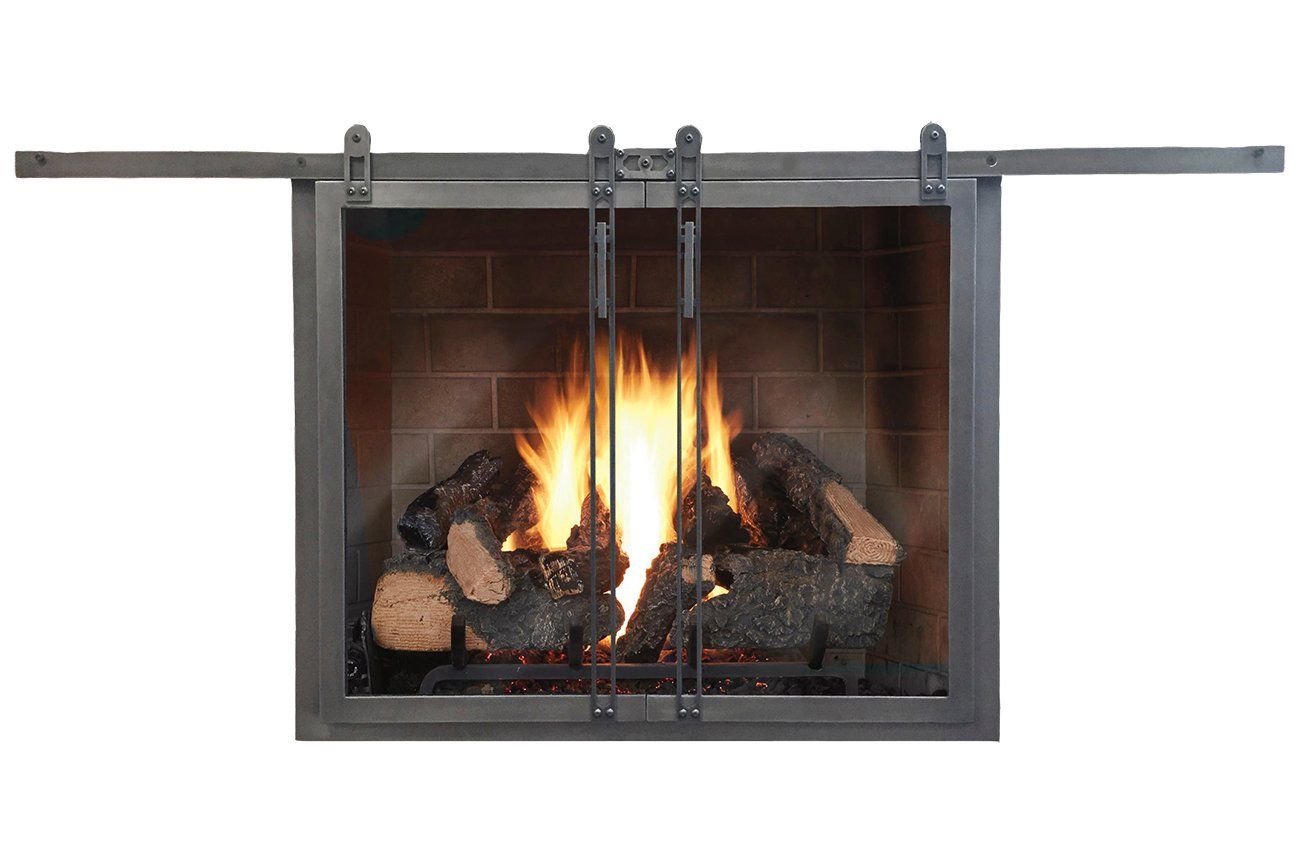 Fireplace with sliding metal screen doors, flames burning logs.