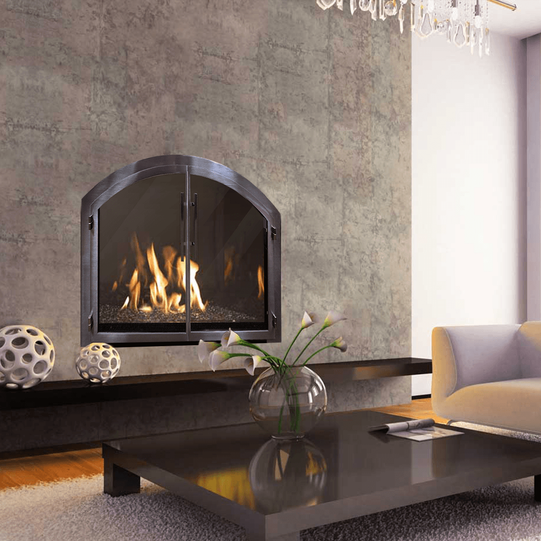 Fireplace with burning flames in modern living room, with couch and coffee table.