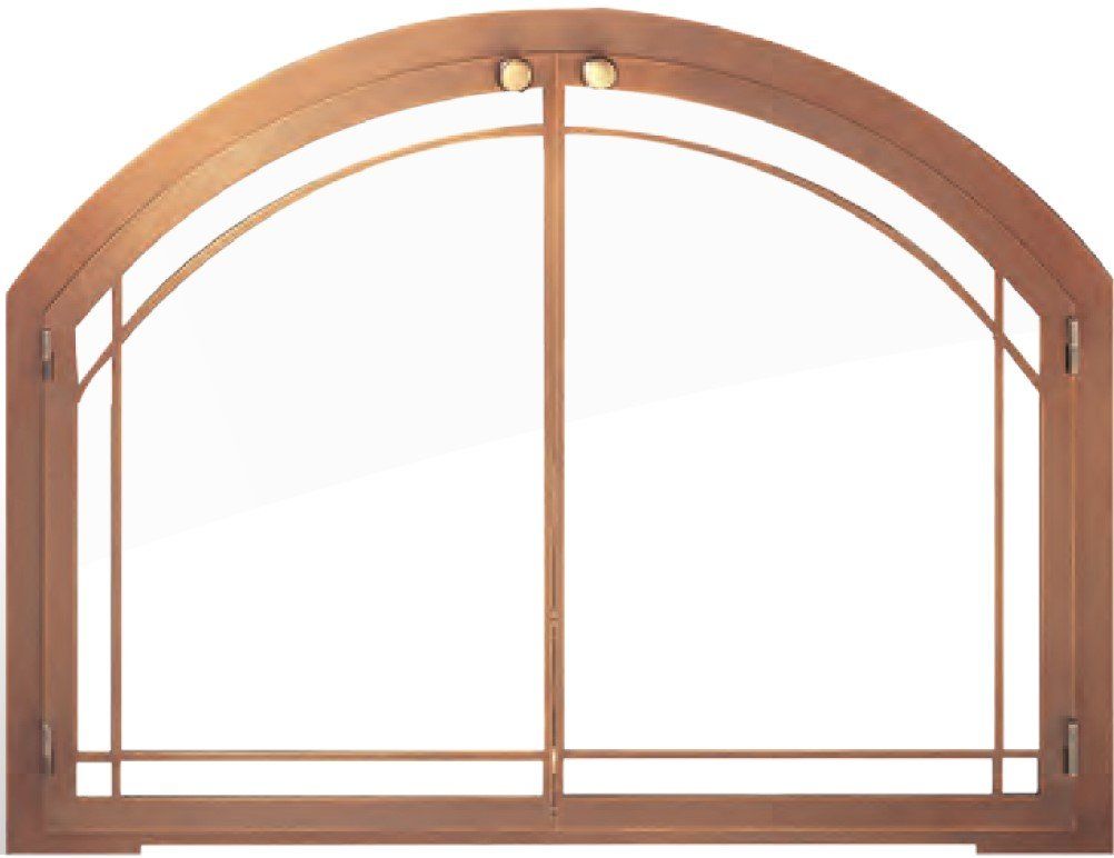 Bronze fireplace screen with arched glass panels and decorative frame.