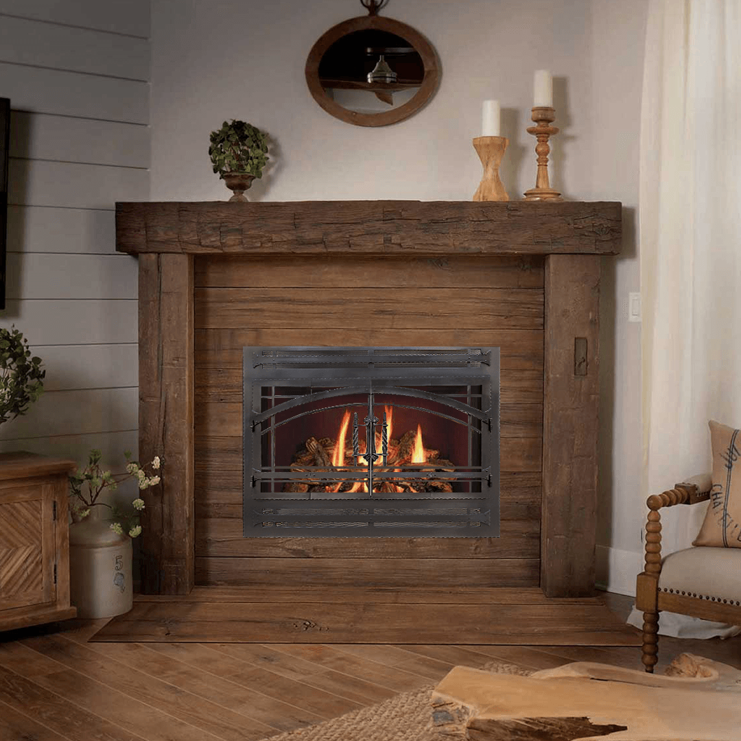 Fireplace with rustic wooden mantel and decorative accents. Gas flames visible.