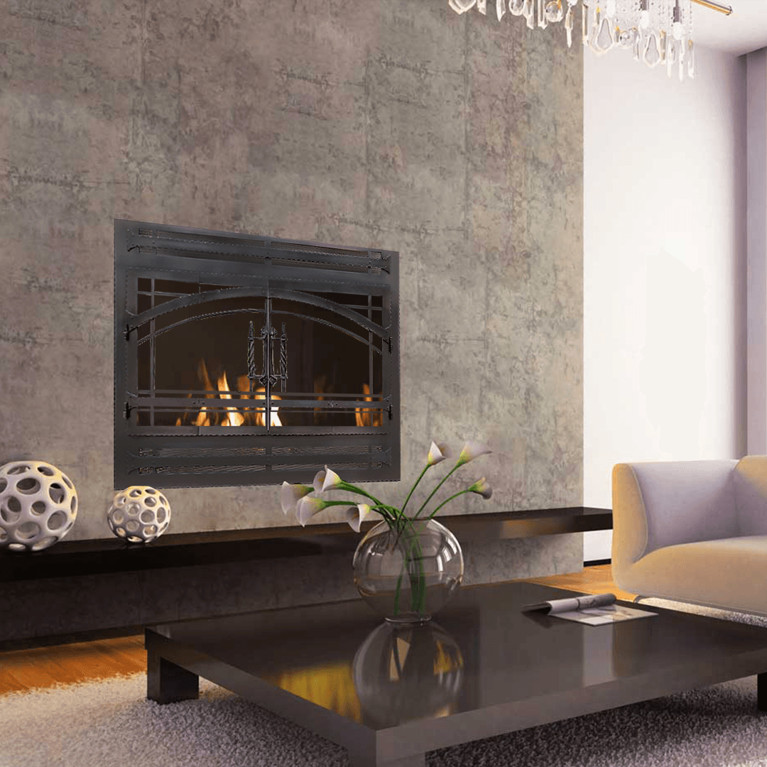 Fireplace in a modern living room with a dark accent wall, table, and sofa.