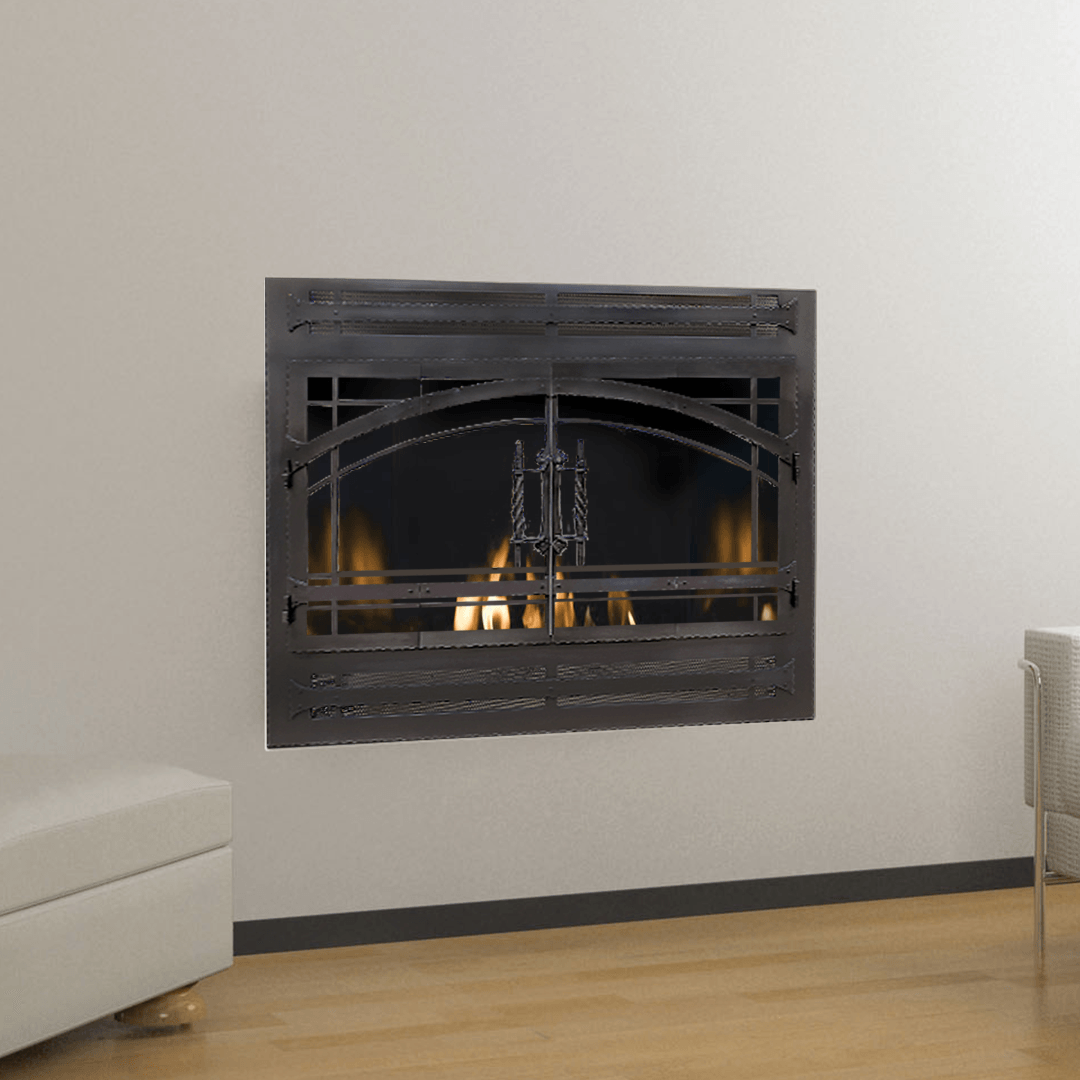 Legend ZC Deluxe Fireplace set into a white wall, with a black metal screen and burning flames.