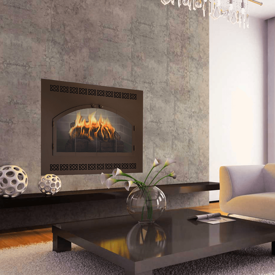 Fireplace with a burning fire set into a textured wall.