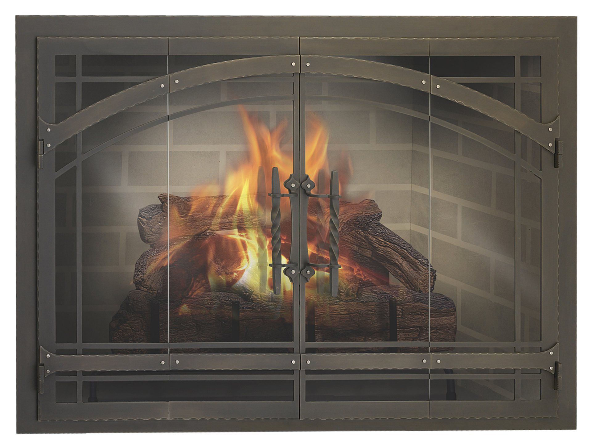 Fireplace with glass doors and burning logs.