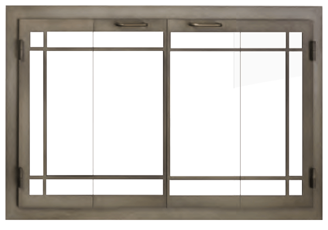 Metal framed fireplace glass doors. Horizontal and vertical bars divide the glass. Handles at the top.