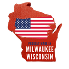 Outline of Wisconsin with American flag, text