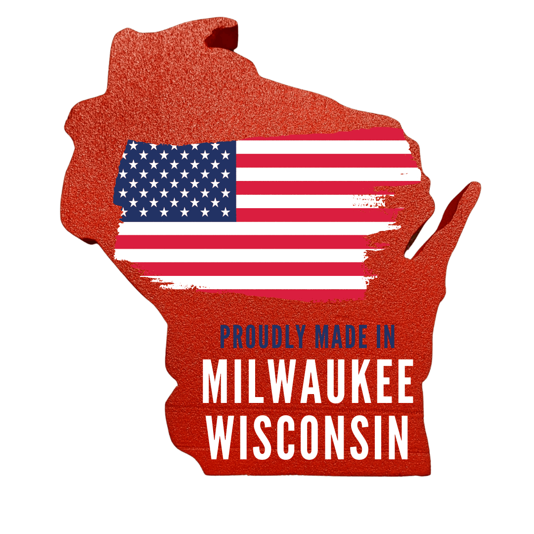 Red glitter outline of Wisconsin with U.S. flag and text: