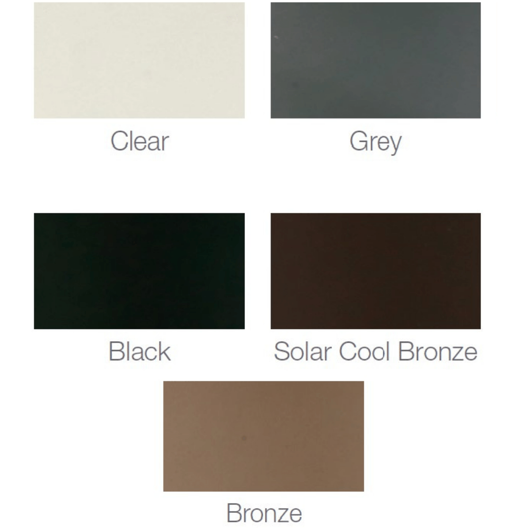 Color swatches: clear, grey, black, solar cool bronze, and bronze.