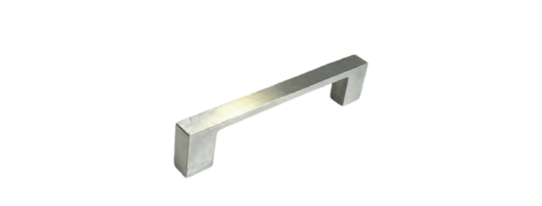 Brushed metal cabinet pull with a rectangular bar and square posts.