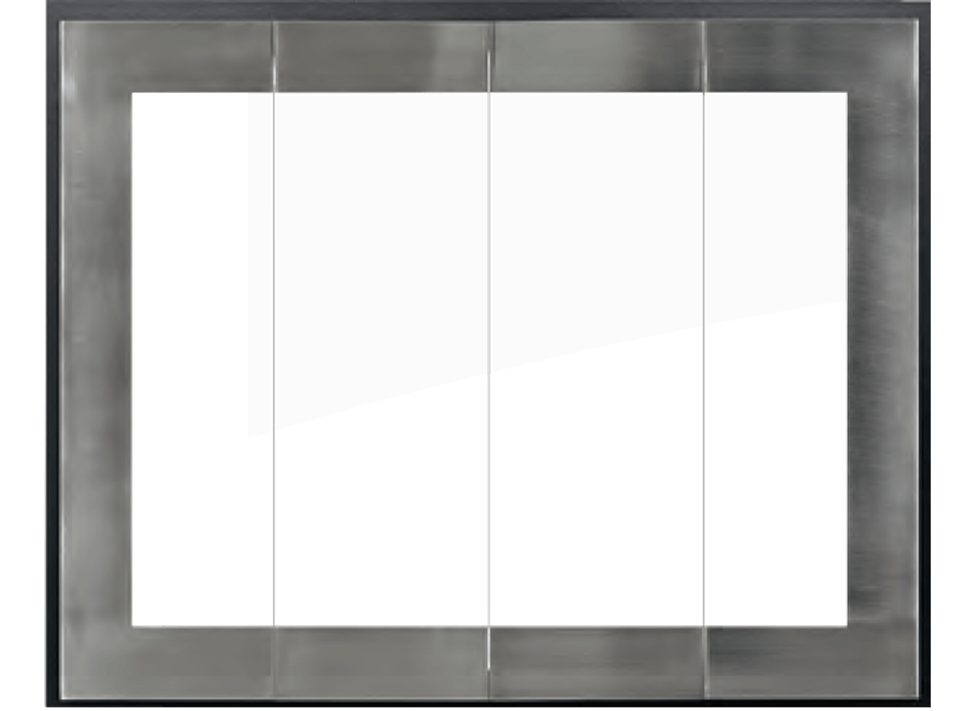Glass fireplace doors with a silver metal frame.
