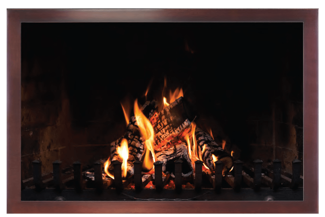 Burning fireplace with orange flames, dark logs, and a brown frame.