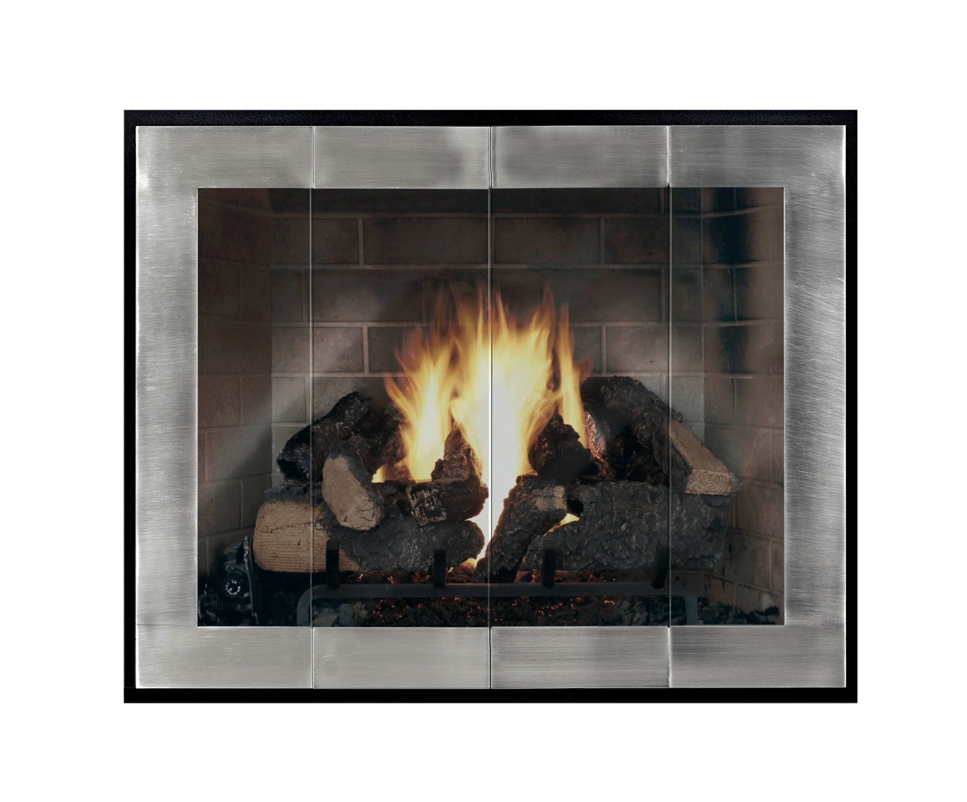 Fireplace with burning logs, inside a gray metal frame.