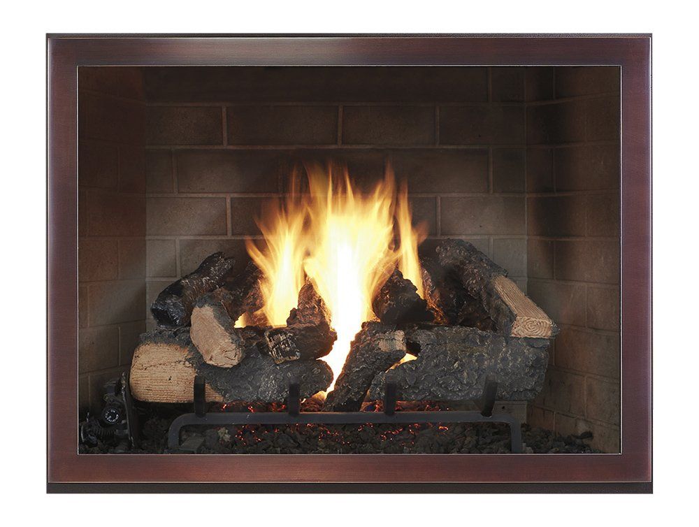 Fireplace with burning logs, inside a brick-lined hearth, framed by a copper-colored border.