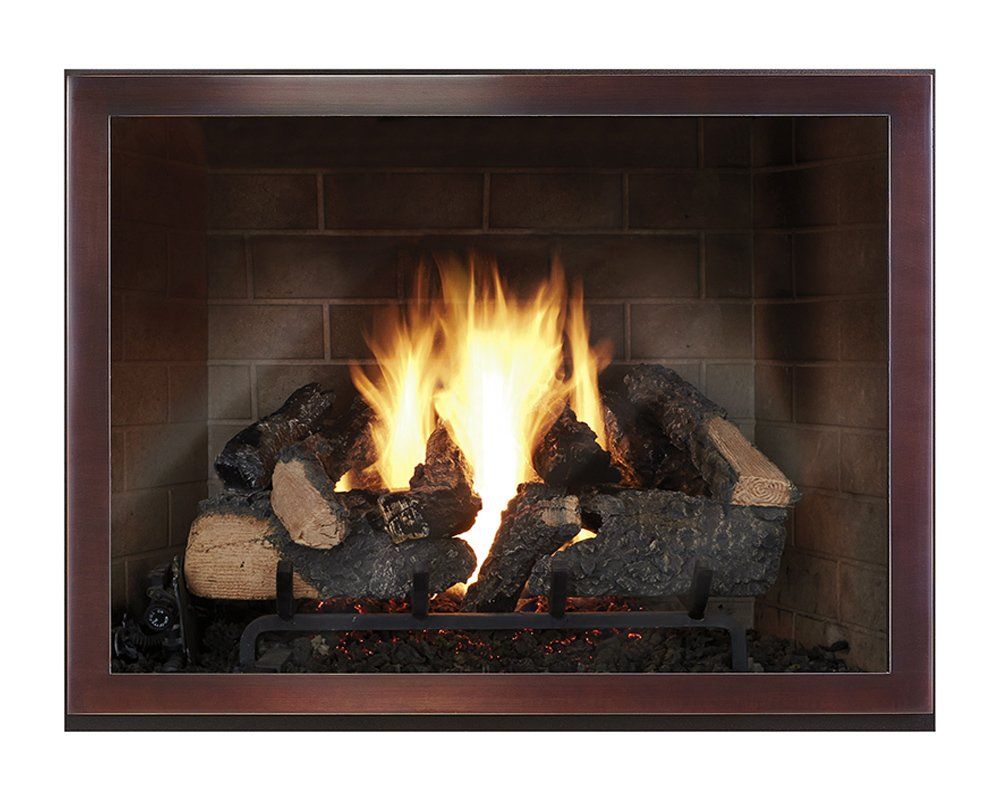 Fireplace with burning logs, flames, and dark brick interior framed in brown.