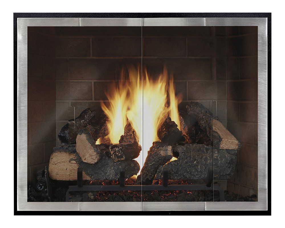 Fireplace with flames and burning logs behind glass doors.