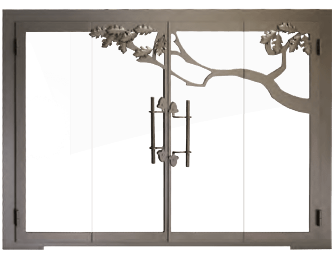 Glass double doors with gray metal frame and tree branch design.