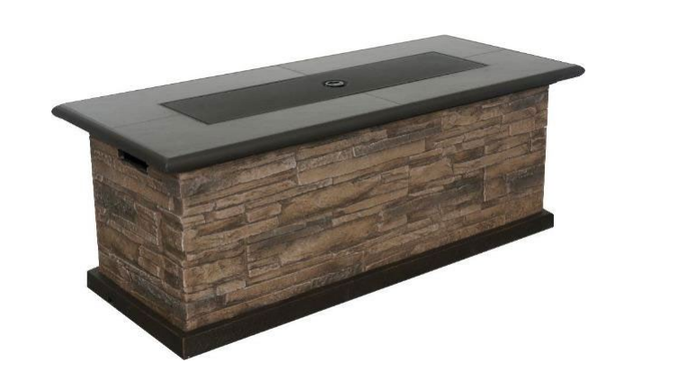 Rectangular outdoor fire pit with a stone veneer base and a dark gray top.