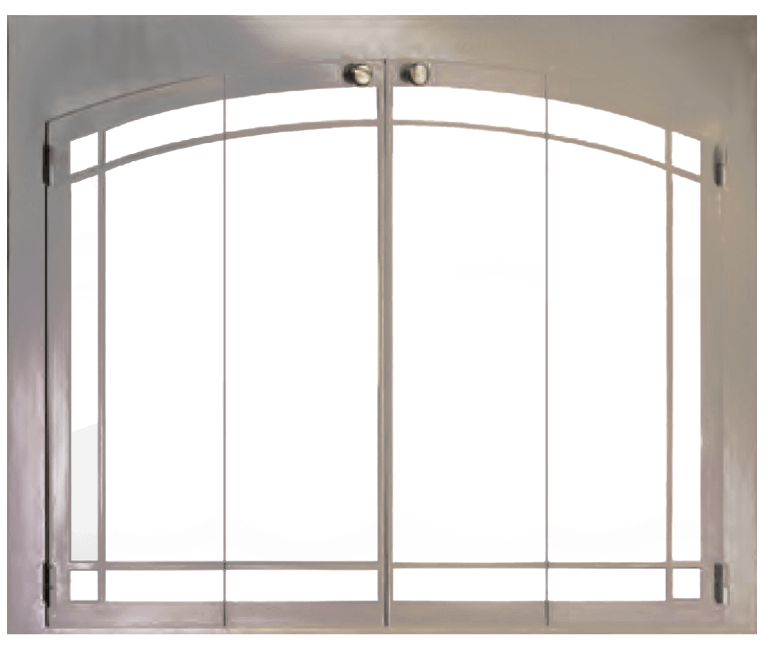 Brushed metal fireplace doors with arch-shaped glass panels and two small knobs.
