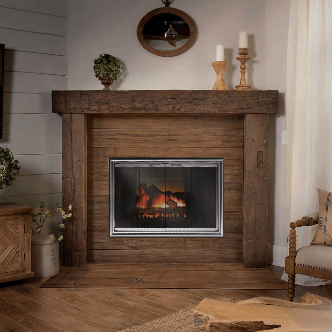 Rustic fireplace with a wooden mantel and lit fire.