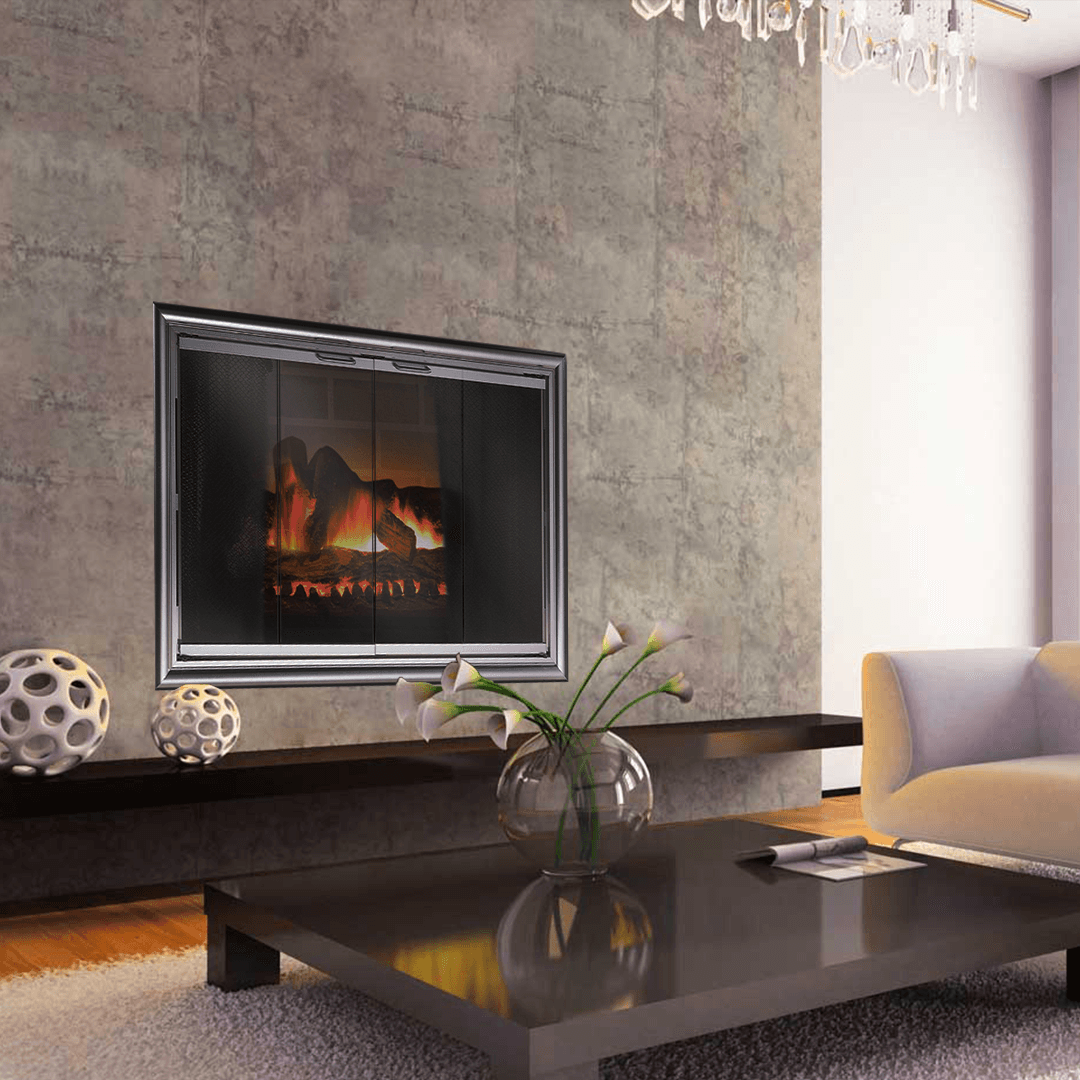 Fireplace built into a textured wall, with a coffee table and sofa in the room.