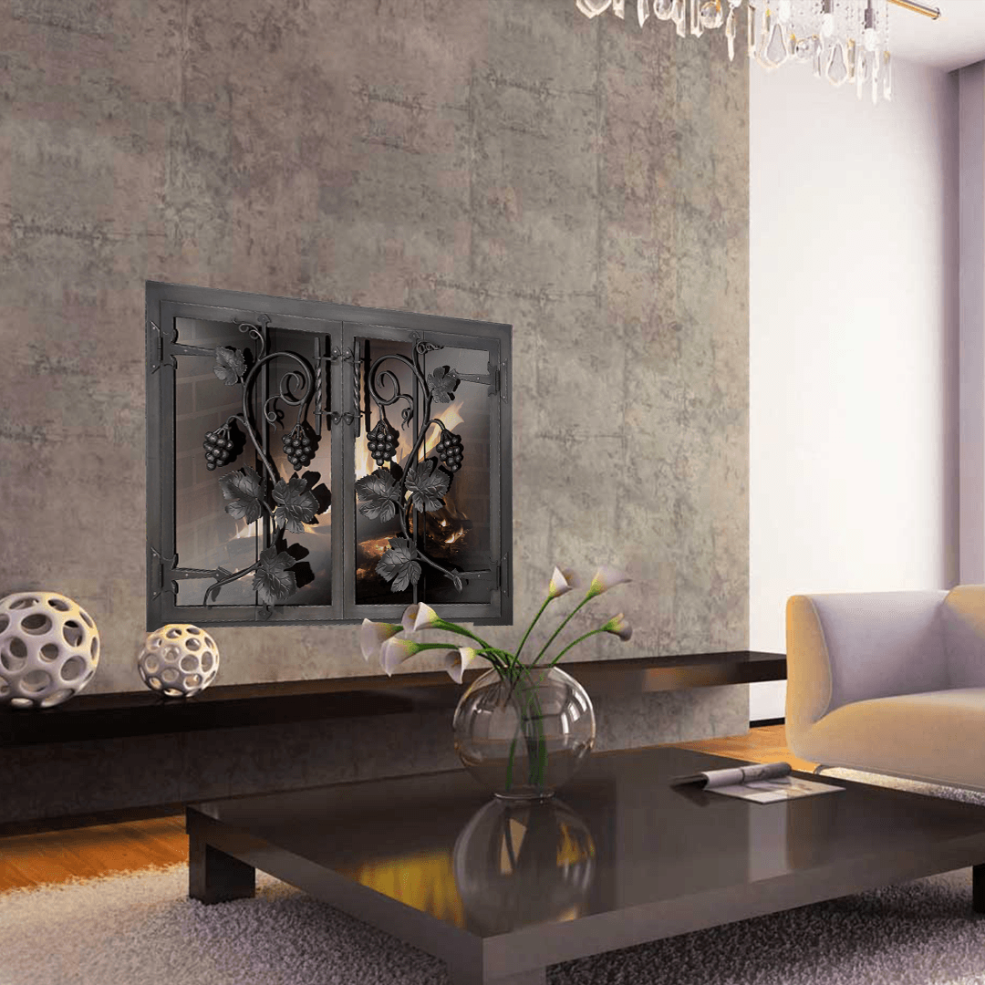 Fireplace with decorative vine-like metal screen on textured wall, contemporary living room setting.