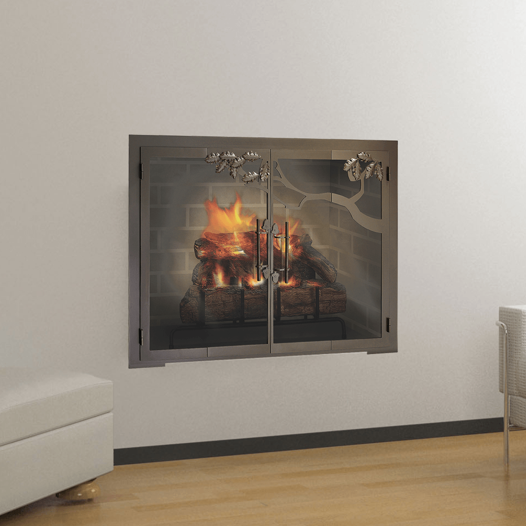 Fireplace with decorative screen, flames burning.
