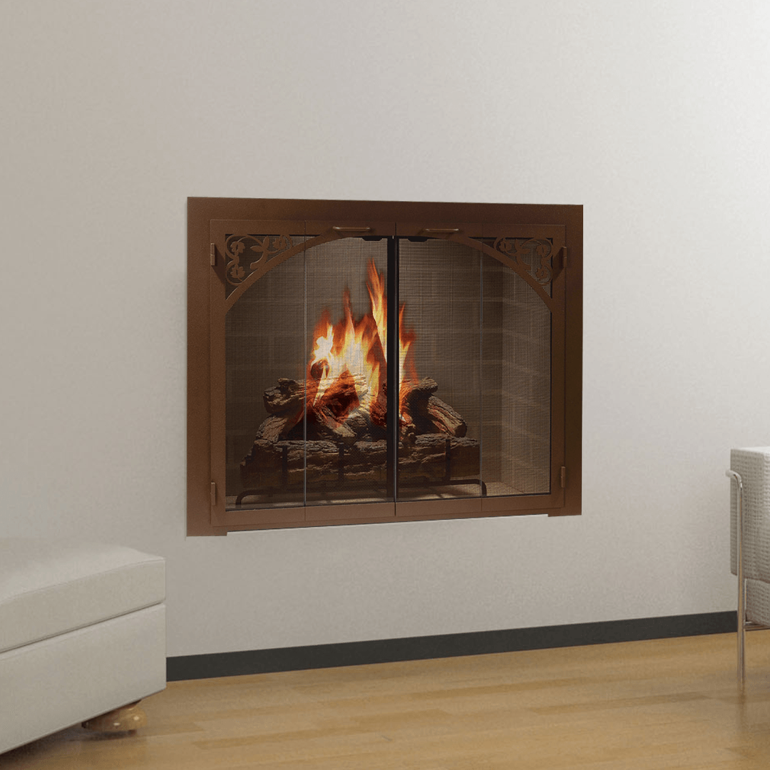 Fireplace with burning flames, brown frame, mesh screen, and wooden floor.