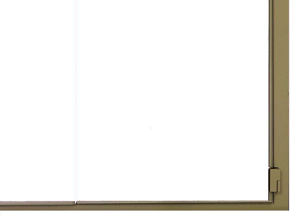 Tan-framed sliding glass door partially visible, with white backdrop.