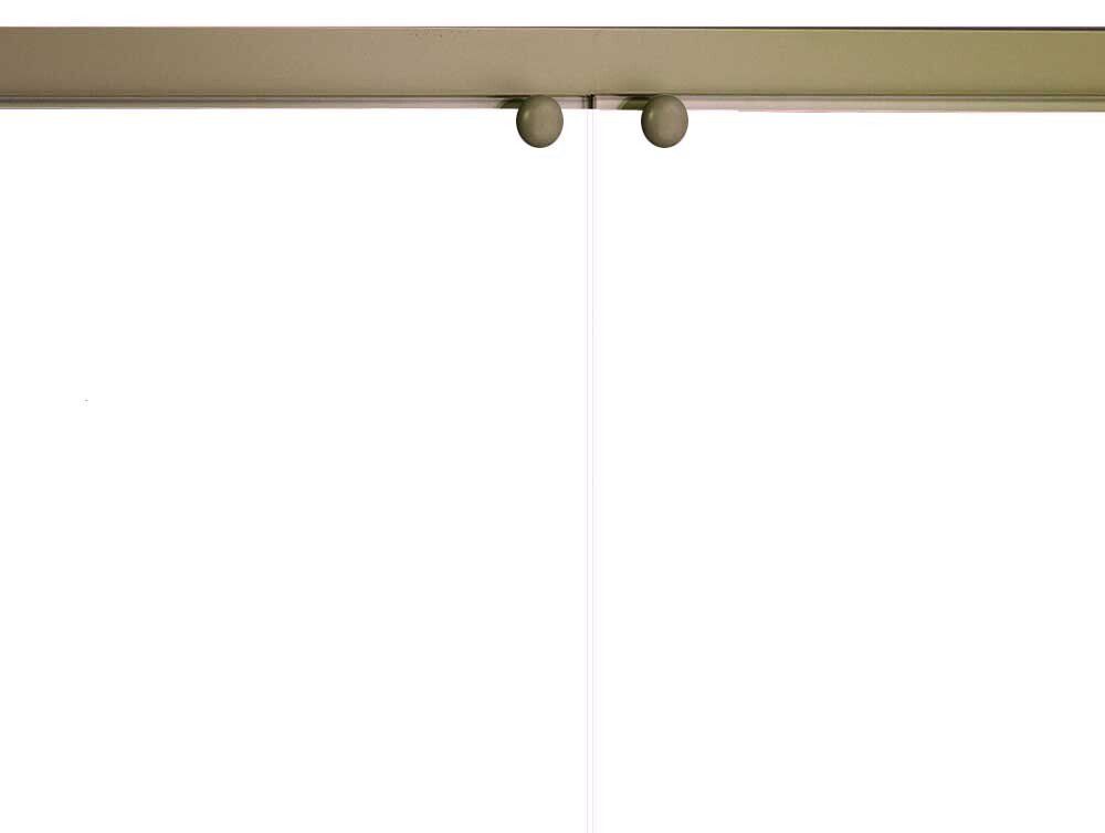 Sliding glass door hardware with round knobs, top view, against a white background.